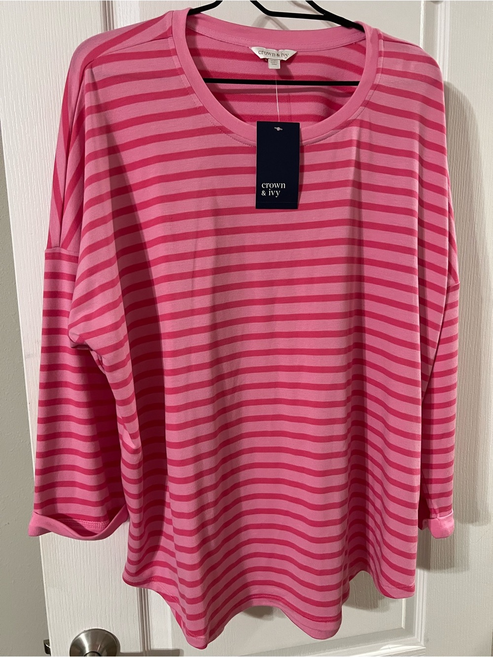 Crown & ivy pink striped quarter length sleeves.